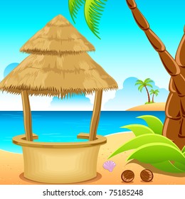 illustration of straw hut on lonely beach with coconut tree