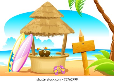 illustration of straw hut and surfing board in beach