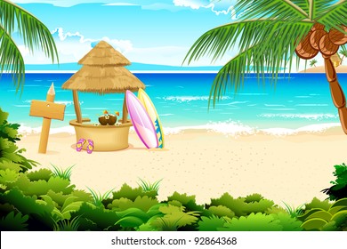 illustration of straw hut and surfing board in beach view