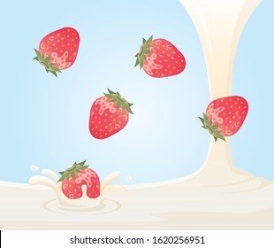 Illustration of strawberries falling into milk