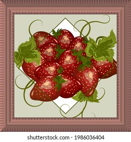 Illustration mit Erdbeeren in einem Rahmen.Reife Erdbeeren in einem Rahmen auf weißem Hintergrund in Farbvektorgrafik.