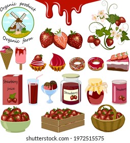 Illustration with strawberries and produce.Strawberries and products from it on a white background in a vector illustration.