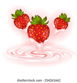 Illustration of strawberries and smooth cream swirl background 