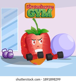 Illustration of strawberries warming up, lifting weights at the gym. Design good for poster and T-shirt screen printing clothes design.