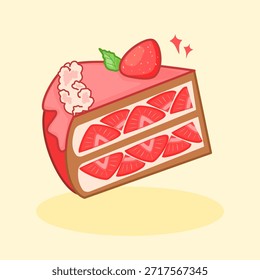 Ilustración de rebanada de pastel de fresa con capas rojas y rosadas y cobertura cremosa sobre fondo claro. Perfecto para la marca de postres, menús de panadería y visuales de alimentos.