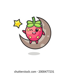 illustration of strawberry cartoon sitting on the half moon , cute style design for t shirt, sticker, logo element