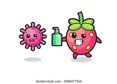 illustration of strawberry character chasing evil virus with hand sanitizer , cute style design for t shirt, sticker, logo element