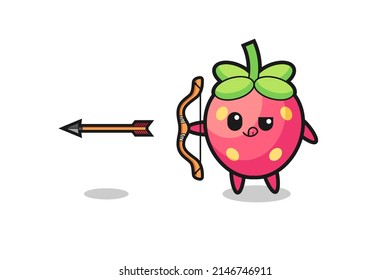 illustration of strawberry character doing archery , cute design