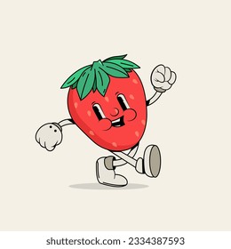 Illustration of a strawberry character, with his feet walking forward and his eyes looking to the right, with a happy expression. vector illustration.