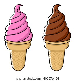 Illustration of strawberry and chocolate ice cream in the cone