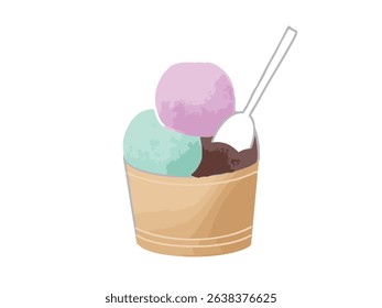Illustration of strawberry, chocolate mint and chocolate ice cream in a cup