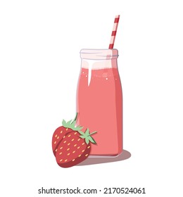 Illustration of a strawberry cocktail. Jar or glass of pink cocktail with strawberry straw. Two strawberries in a glass. Milk dessert for a print or recipe design.