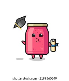 Illustration of strawberry jam cartoon throwing the hat at graduation , cute design