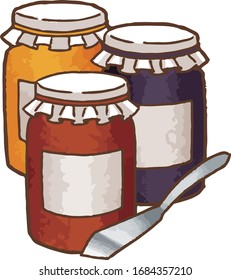 Illustration of strawberry jam, marmalade and blueberry jam