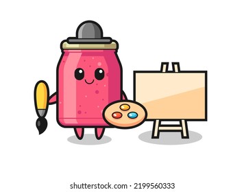 Illustration of strawberry jam mascot as a painter , cute design