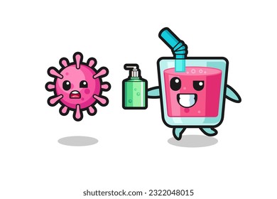 illustration of strawberry juice character chasing evil virus with hand sanitizer , cute style design for t shirt, sticker, logo element