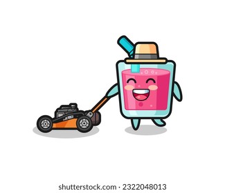 illustration of the strawberry juice character using lawn mower , cute style design for t shirt, sticker, logo element