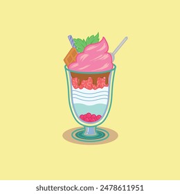 illustration Strawberry Milkshake mix with white cream and boba. isolated in yellow background