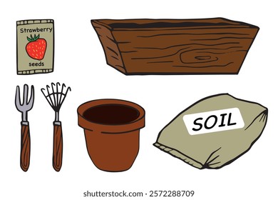 Illustration of strawberry seeds, planting tools, and containers. Ideal for gardening guides, blogs, and educational materials.