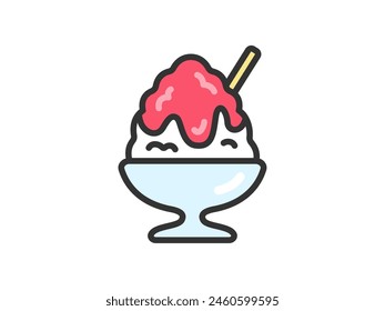 Illustration of strawberry shaved ice icon (line drawing color).