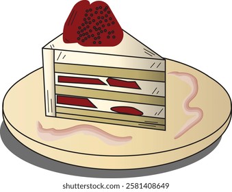 the illustration of strawberry soft cake  with 2 slice of strawberries on top.