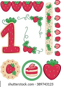 Illustration of a Strawberry Themed First Birthday Party Elements