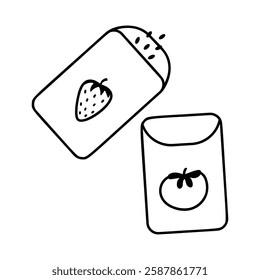 Illustration of strawberry and tomato seed packets for gardening. Outline icons isolated on white background