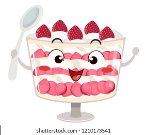 Illustration of a Strawberry Trifle Mascot Holding a Spoon