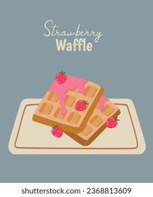 Illustration with Strawberry, Waffle, Cream and Plate