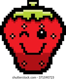An illustration of a strawberry winking in an 8-bit cartoon style.