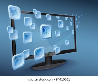 Illustration of streaming media and apps from cloud to widescreen Internet TV / computer with wireless connection. Vector eps 10 file layered, grouped and named for easy editing.