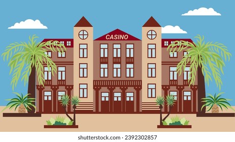 Illustration of a street with a casino building surrounded by palm trees, in a flat style. The urban landscape of the urban infrastructure for the information banner.