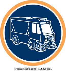 Illustration of a street cleaner truck sweeping cleaning from front set inside circle on isolated background done in retro style.