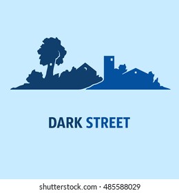 Illustration of street with cottages and trees at night. Silhouettes. Color 1.