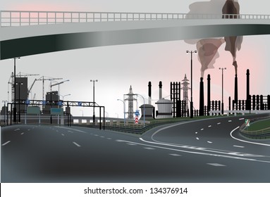 illustration with street in industrial landscape