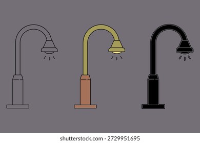 Ilustração de um candeeiro de rua em três estilos diferentes. Iluminação exterior para estradas e parques, ilustração vetorial.