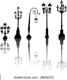 illustration with street lamps and its reflections collection