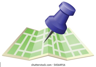 An illustration of a street map with drawing push pin. Can be used as an icon or illustration in its own right.