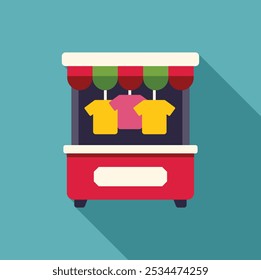 Illustration of a street market stall selling t shirts, perfect for projects related to commerce, shopping, and local markets