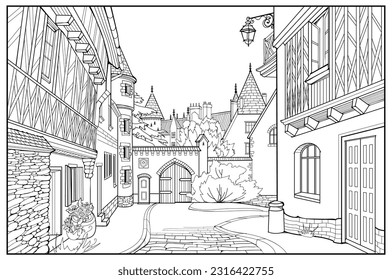 Illustration of street in a medieval French town. Fairyland kingdom. Black and white page for kids coloring book. Worksheet for drawing and meditation for children and adults. Ancient architecture.