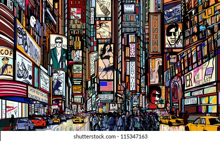 Illustration of a street in New York city - times square - vector illustration