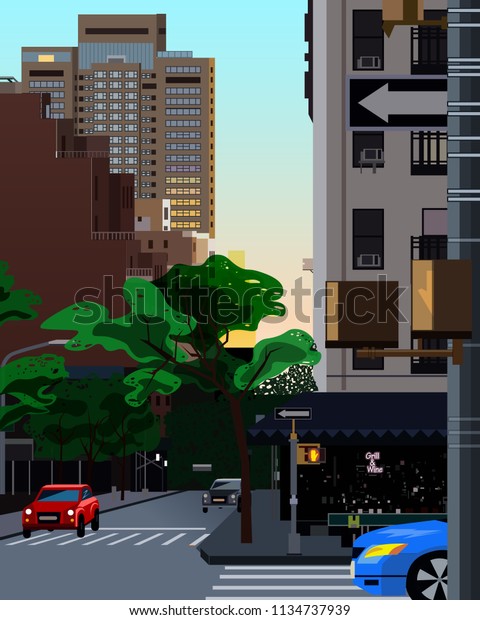 Illustration of a street in New York city.  Vector\
illustration. Flat\
art
