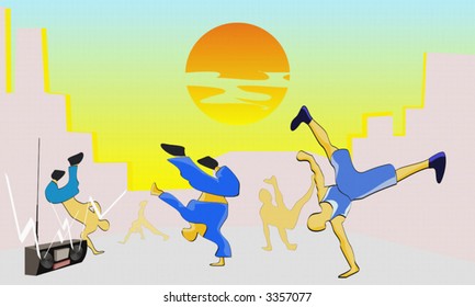 Illustration streets breakdancers with music from player