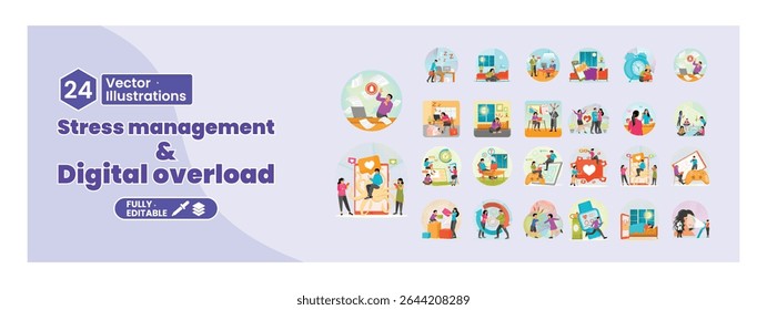 illustration of stress management and digital overload. People maintain emotional balance and digital overload on devices. Mega set.