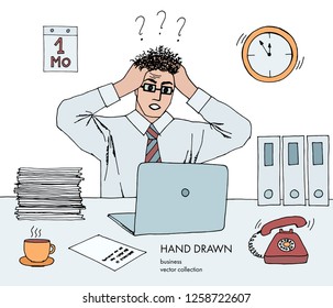 Illustration of stress at work. Young businessman holds his head looking at the monitor. Hair stand on end. A lot of work, deadline. Telephone rings. Hand drawn colored vector line art sketch