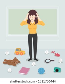 Illustration of a Stressed Girl Preschool Teacher Looking at the Mess in the Classroom Floor