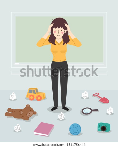 教室の床の中の散らかった様子を見る ストレスの多い女の子幼稚園の先生のイラスト のベクター画像素材 ロイヤリティフリー