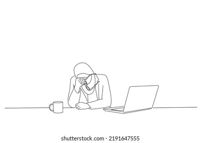Illustration of stressed muslim business woman take the glasses off her face crying getting tired of work. One line art
