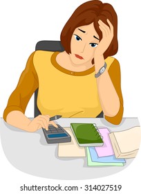 Illustration of a Stressed Out Girl Using a Calculator to Count Her Expenses