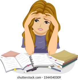 Illustration of a Stressed Teenage Girl with Hands on Forehead with Books and Notes and Studying for an Exam